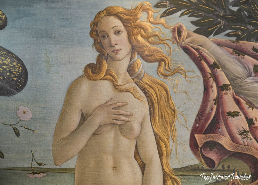 Close-up detail of Botticelli's Birth of Venus, a masterpiece at the Uffizi Gallery in Florence