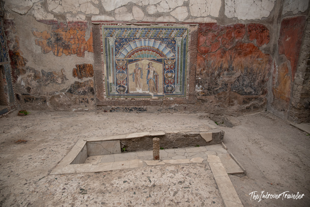 Colorful Neptune and Amphitrite mosaic in the House of Neptune at Herculaneum excavations