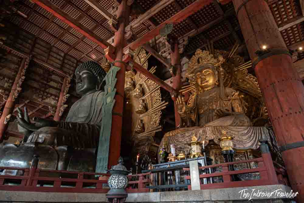 Interior of Todaiji Temple showing the bronze Daibutsu and golden Nyoirin Kannon statues, Nara