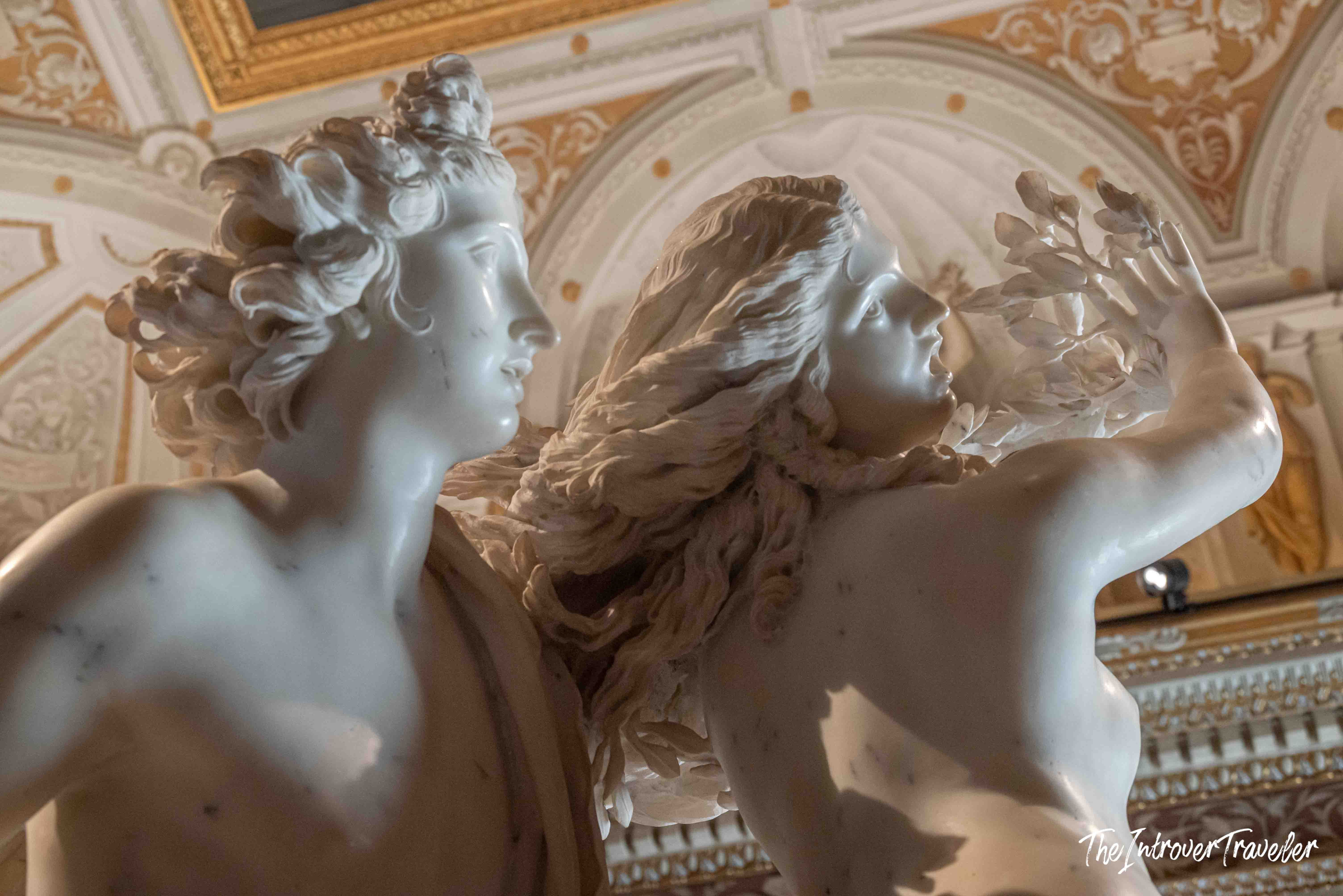 Close-up of Bernini's Apollo and Daphne faces, Borghese Gallery Rome, capturing Daphne's transformation moment