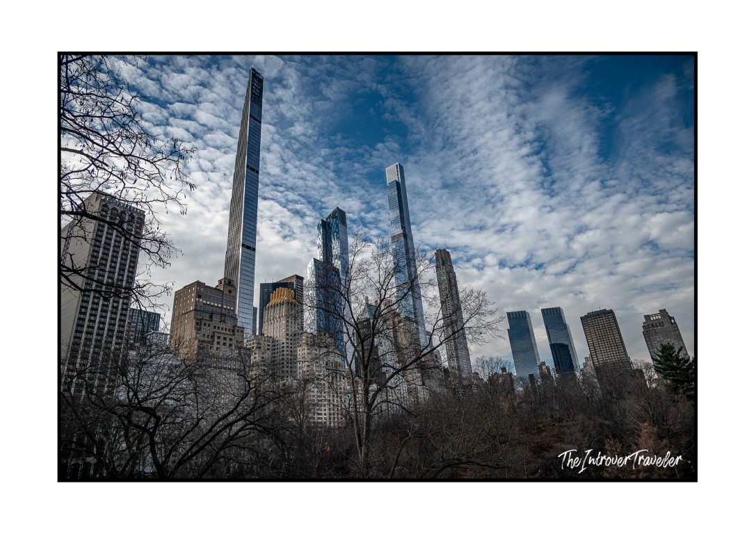 Midtown Manhattan skyscrapers viewed from Central Park, framed by bare winter trees