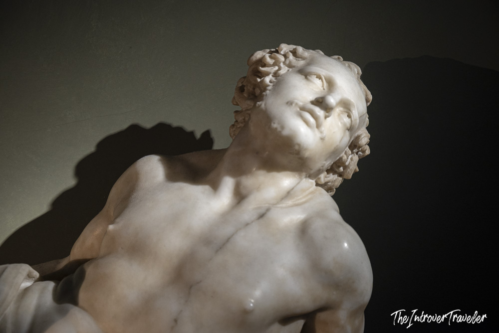 Bernini's Saint Lawrence, close-up of the agonized marble face, Uffizi Gallery Florence