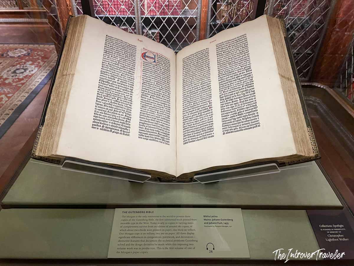 Gutenberg Bible open on display at the Morgan Library and Museum in New York
