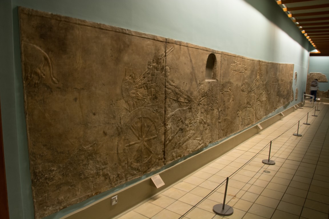 Assyrian lion hunt relief panels from Nineveh displayed at the British Museum in London
