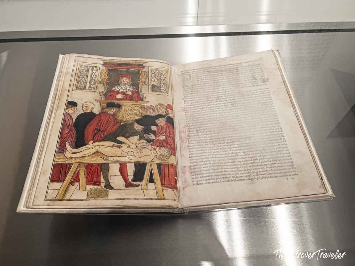 Medieval anatomical manuscript open to a hand-colored dissection scene, on display at the Accademia Gallery Venice