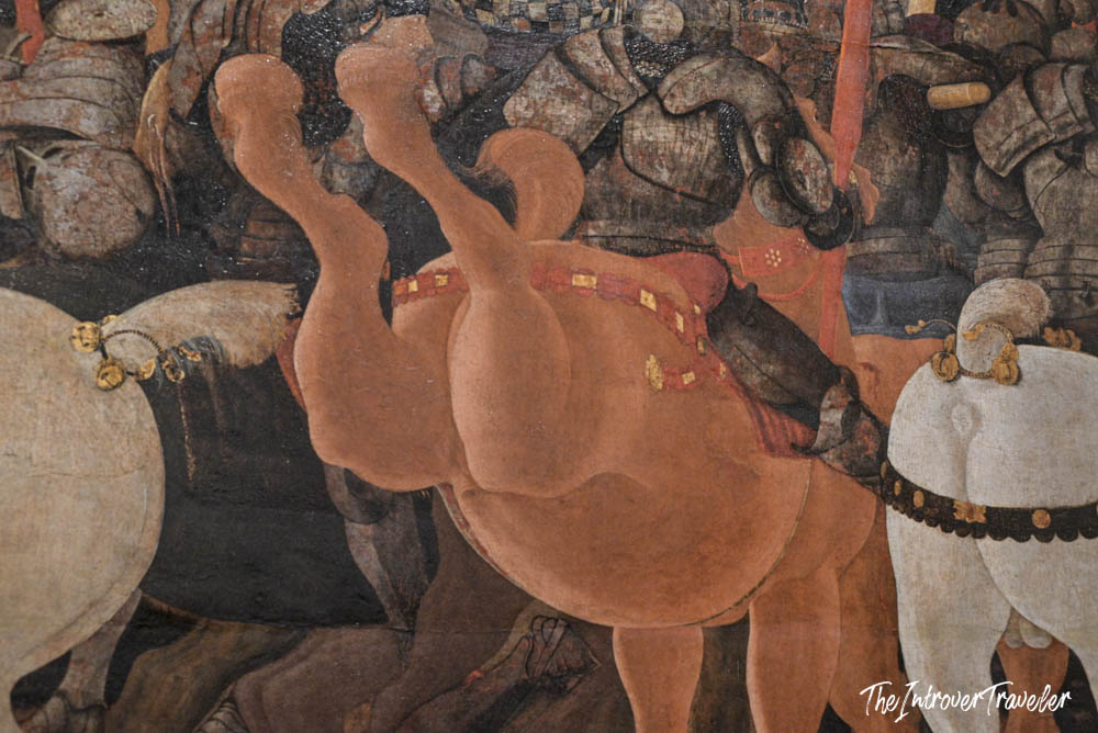 Close-up of horses in Paolo Uccello's Battle of San Romano painting at the Uffizi Gallery Florence