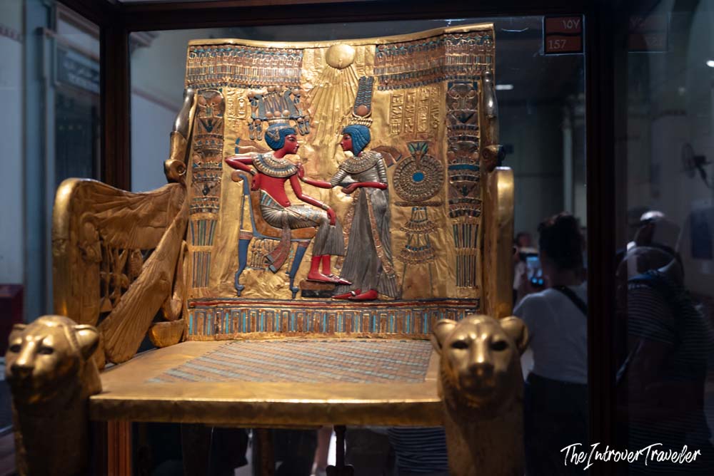 Tutankhamun's golden throne with Ankhesenamun scene, Egyptian Museum Cairo