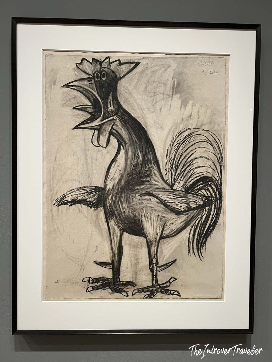 Picasso charcoal rooster drawing dated 23.3.38, displayed at MoMA New York