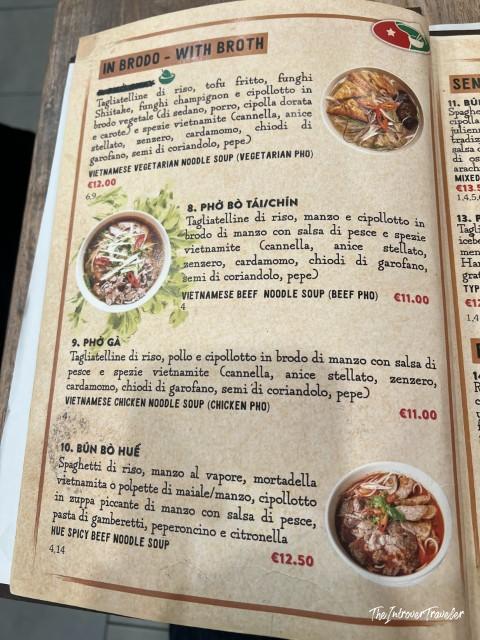 Vietnamese restaurant Fratelli Vietnam menu featuring Pho Bo, Pho Ga, and Bun Bo Hue in Bologna