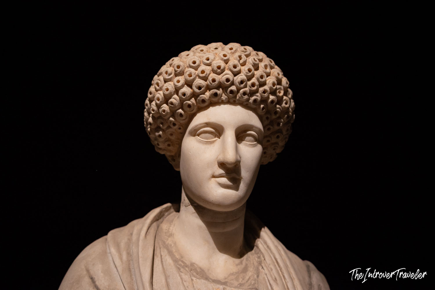 Roman marble bust of a woman with an elaborate drilled-curl hairstyle, Istanbul Archaeological Museum