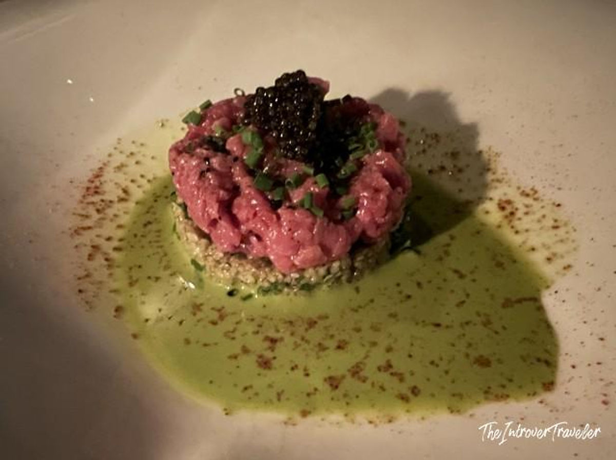Beef tartare topped with caviar and chives in green herb sauce at Lokanta 1741, Istanbul