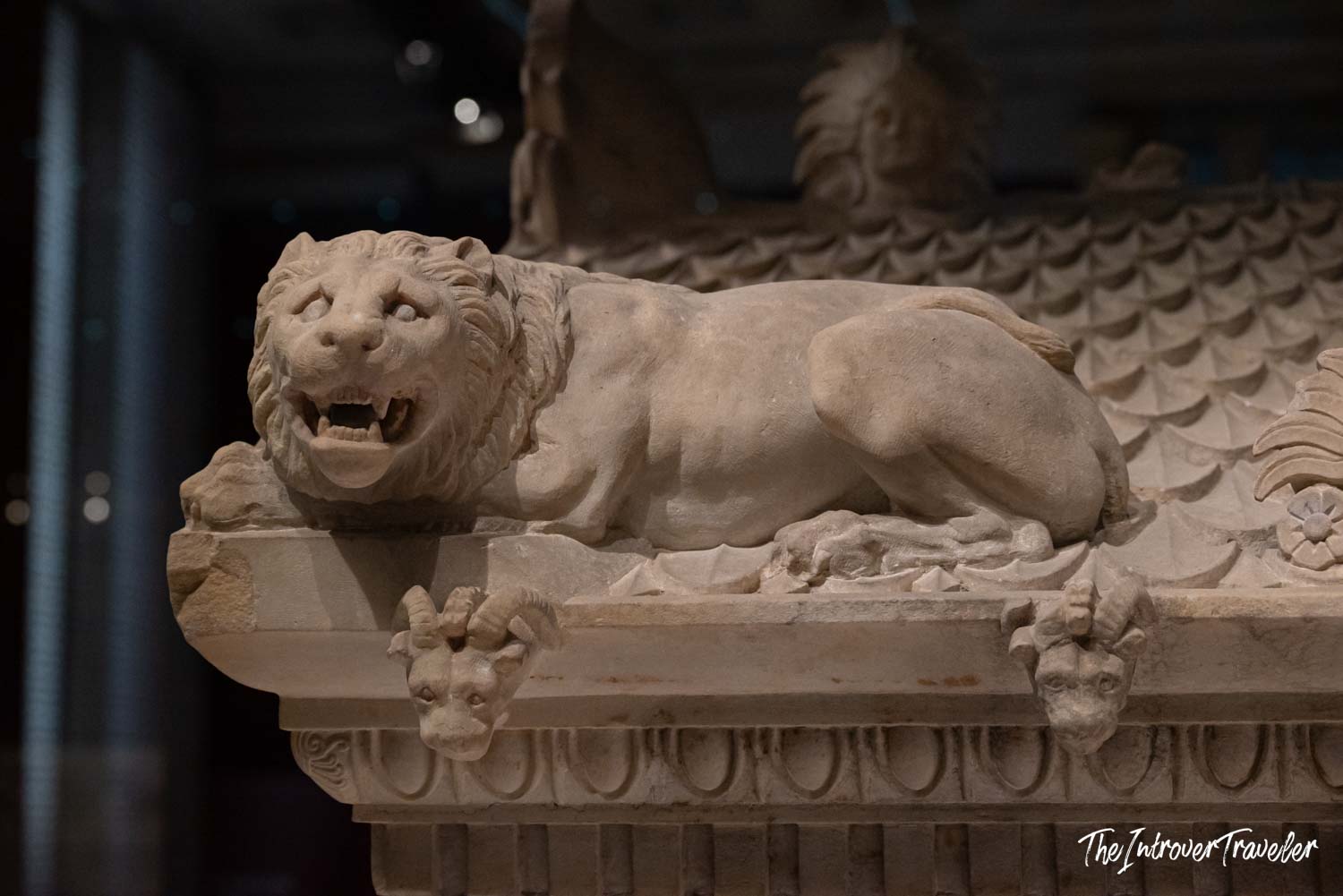 Carved stone lion atop an ancient sarcophagus lid at the Istanbul Archaeological Museum