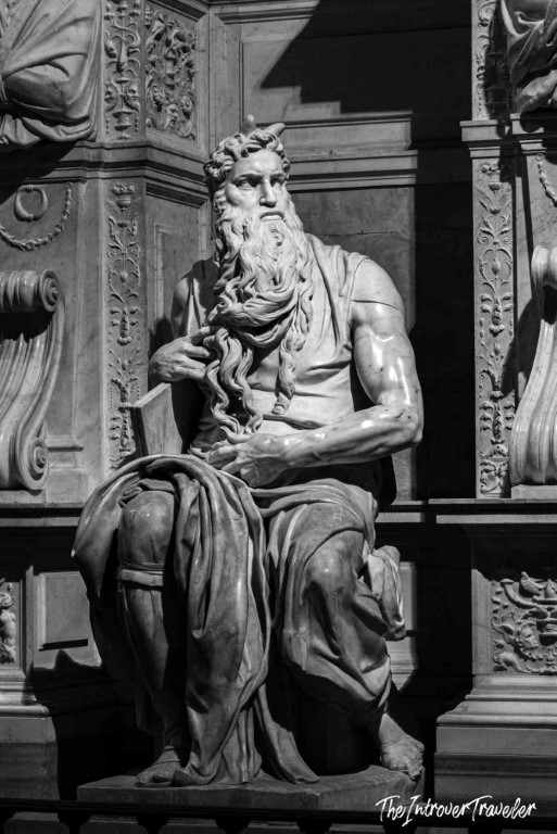 Michelangelo's Moses marble statue, San Pietro in Vincoli, Rome, showing powerful arms and flowing beard