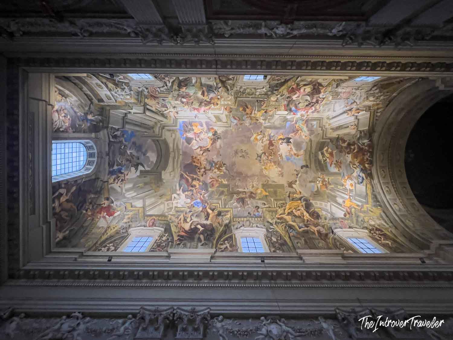 Upward view of Andrea Pozzo's trompe l'oeil nave ceiling fresco at Sant'Ignazio church, Rome