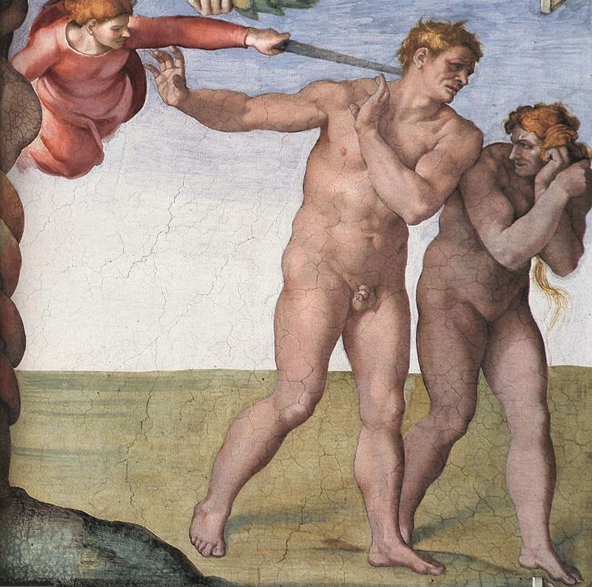 Expulsion from Paradise by Michelangelo, Sistine Chapel ceiling fresco showing Adam and Eve cast out by an angel