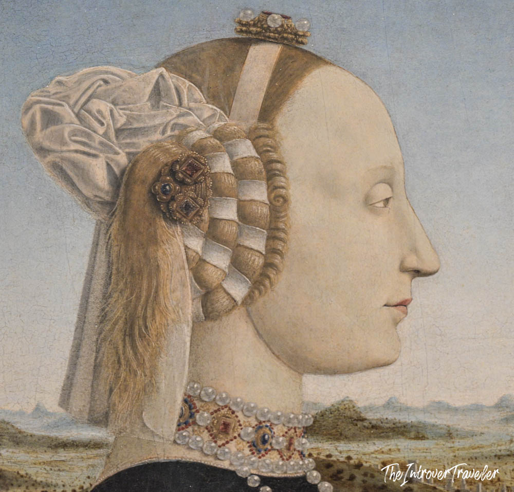 Close-up of Battista Sforza portrait by Piero della Francesca, a Renaissance masterpiece at the Uffizi Gallery Florence
