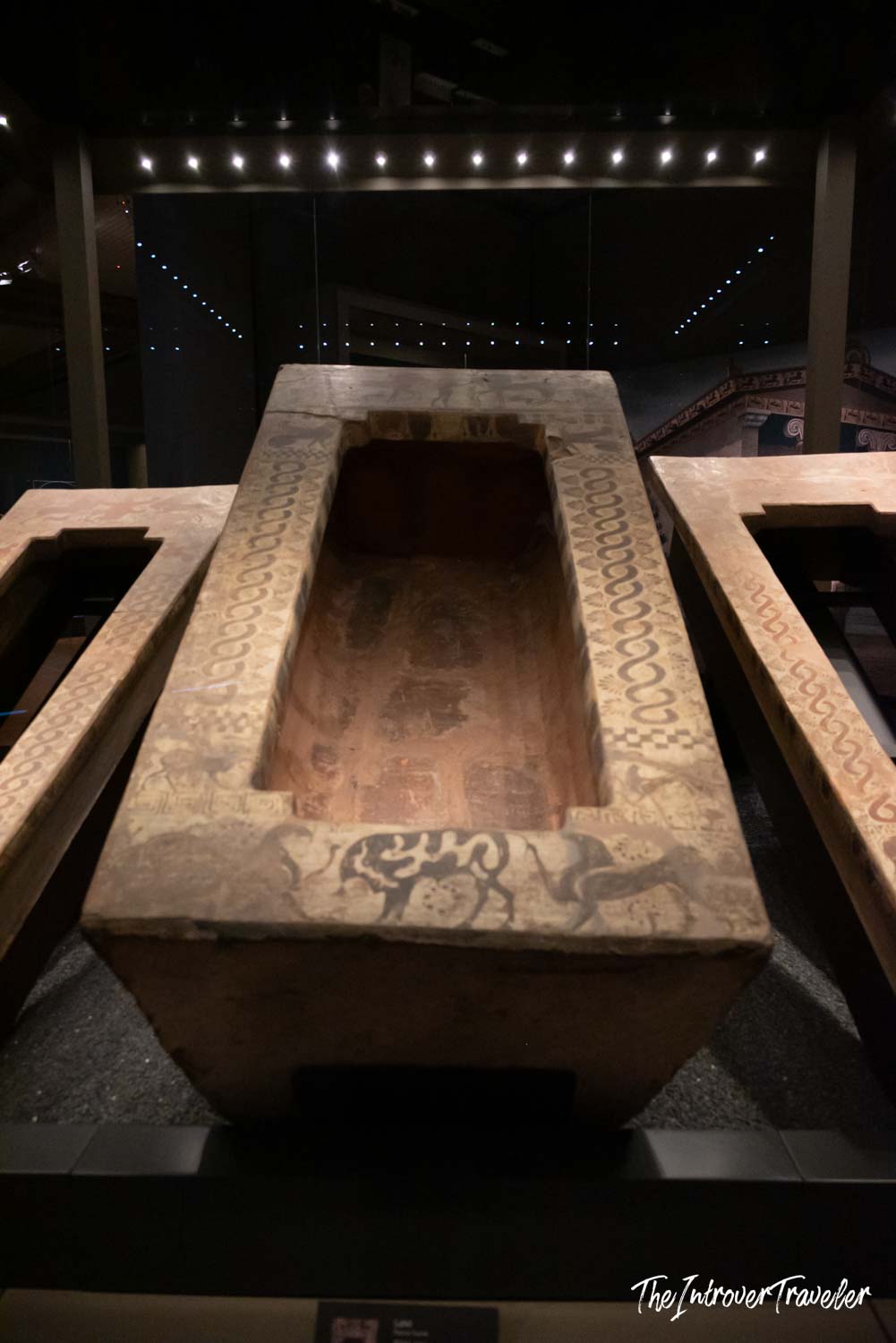 Ancient painted wooden coffin with animal motifs on display at the Istanbul Archaeological Museum