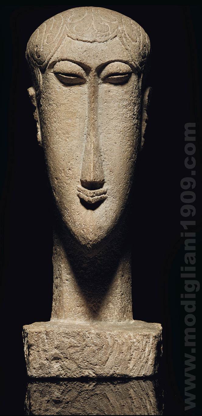 Stone carved head sculpture by Modigliani, showing elongated face echoing Giants of Mont'e Prama style