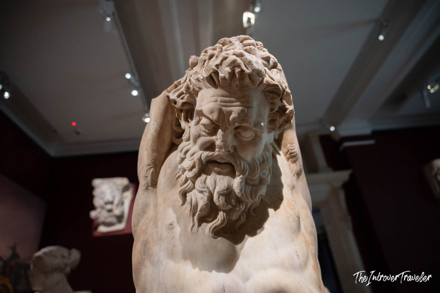 Close-up of an ancient marble statue with an agonized bearded face, Istanbul Archaeological Museum