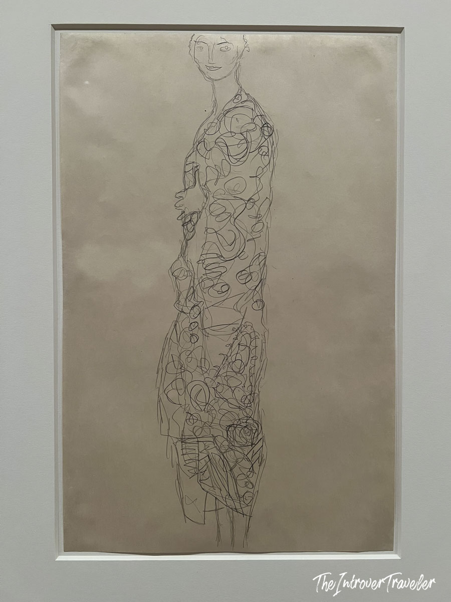 Gustav Klimt pencil drawing of a standing female figure, on display at MoMA New York