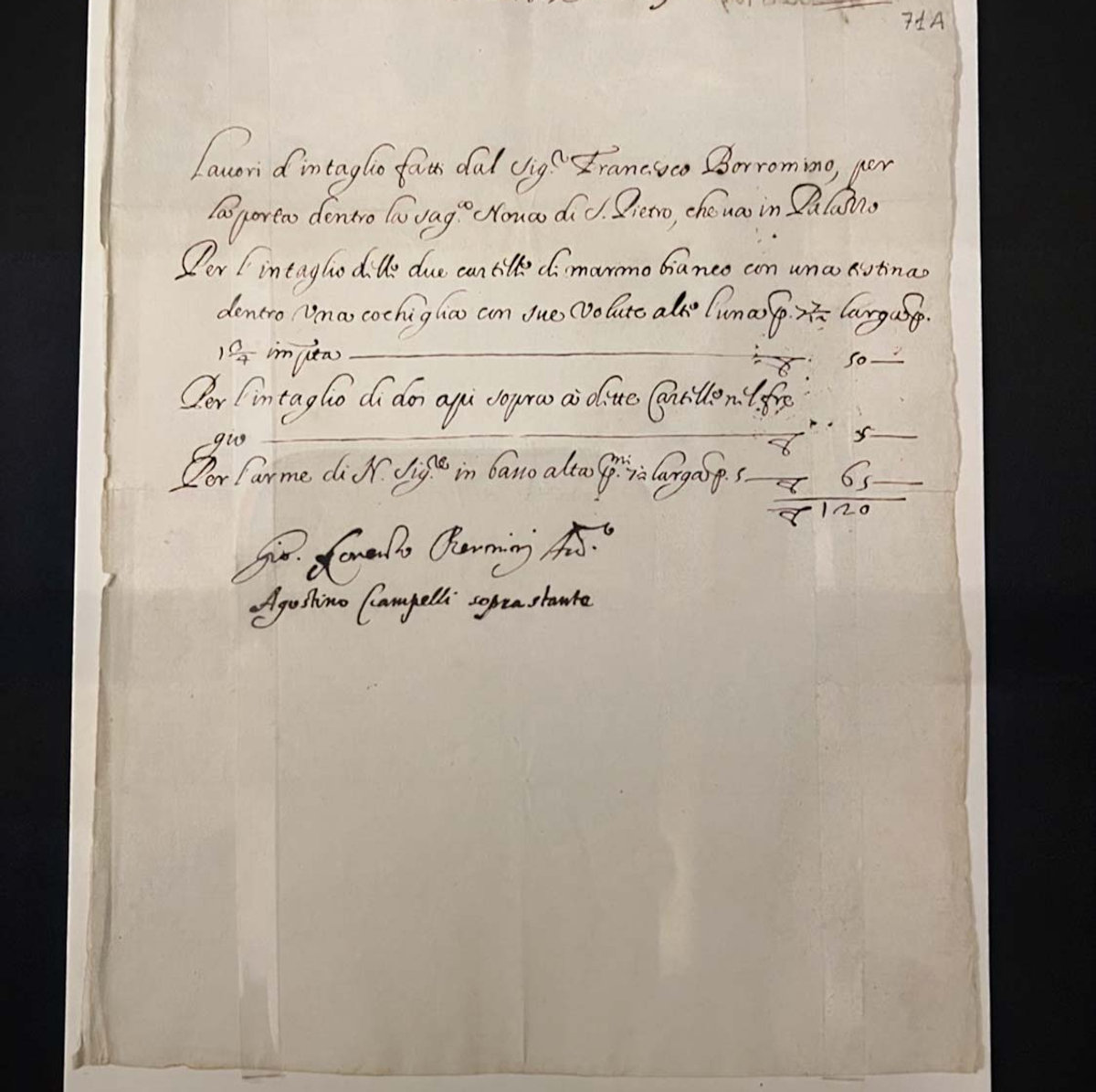 17th-century invoice signed by Bernini for marble carving works at St. Peter's, Vatican Archive document