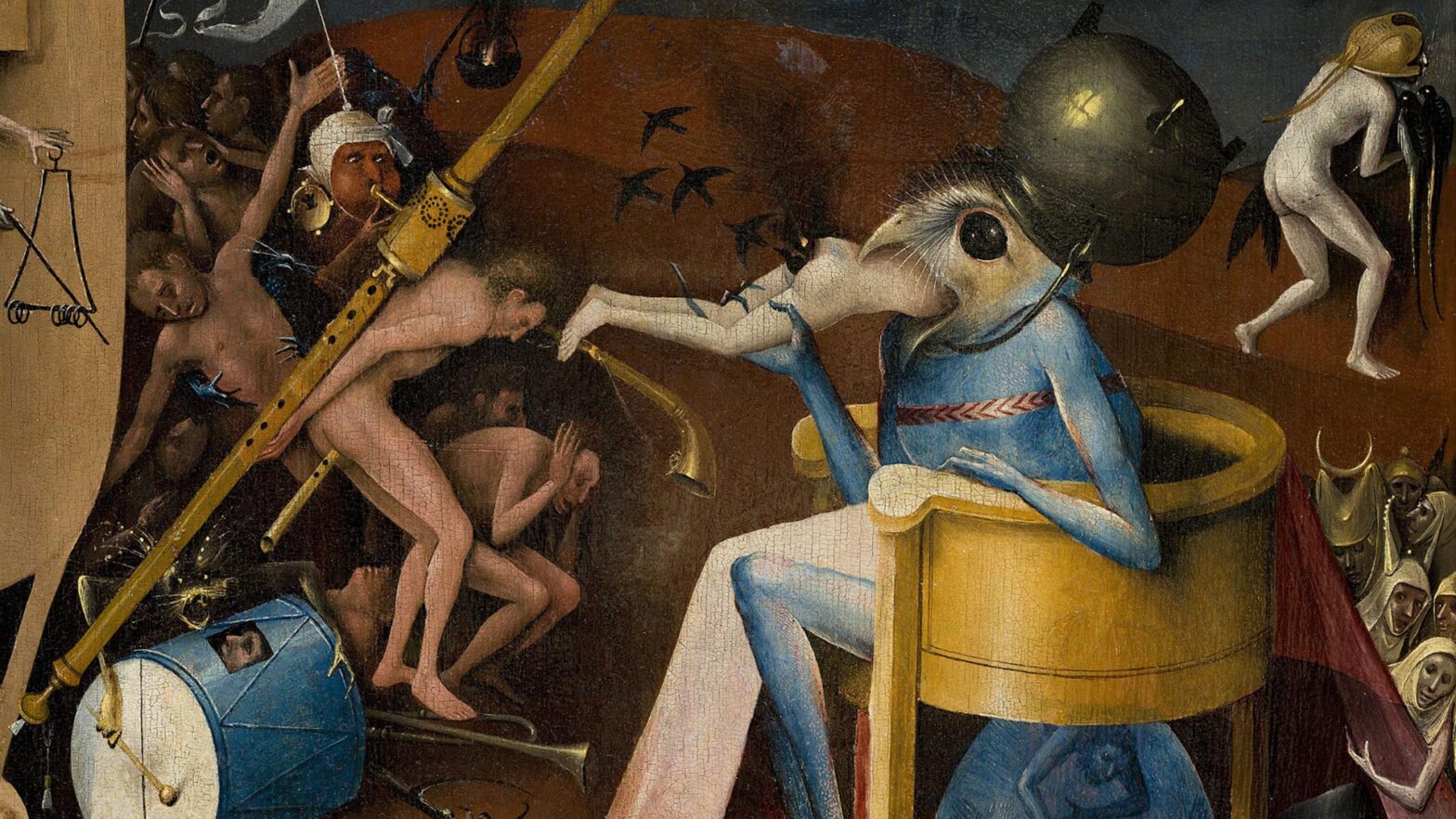 Detail from Hieronymus Bosch Hell panel, bird demon tormenting sinners amid chaotic hellscape