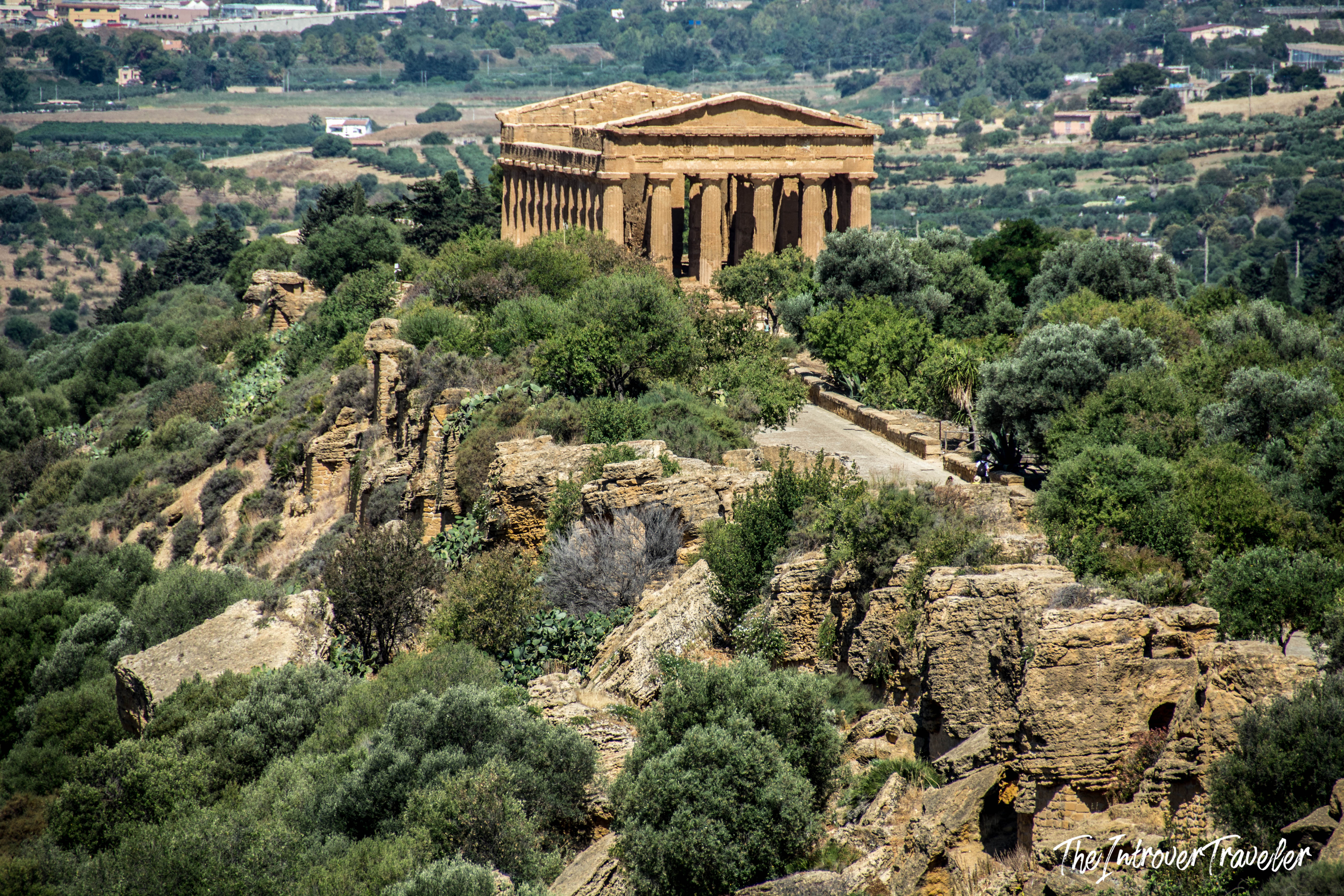 Temple of Concordia rising above rocky ruins and olive trees, Valley of the Temples, Agrigento Sicily
