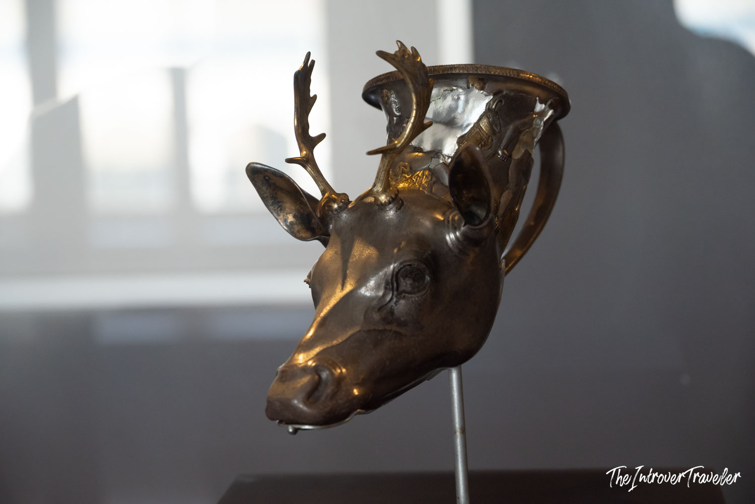 Ancient silver and gold stag-head rhyton drinking vessel on display at the Istanbul Archaeological Museum