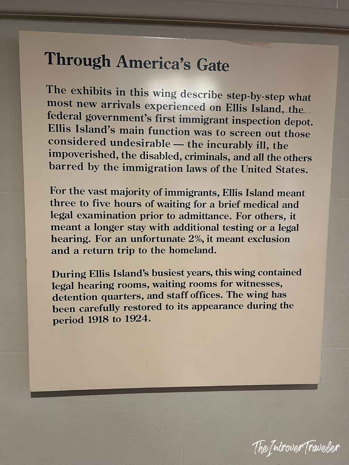 Through Americas Gate exhibit sign at Ellis Island Immigration Museum, explaining immigrant inspection history
