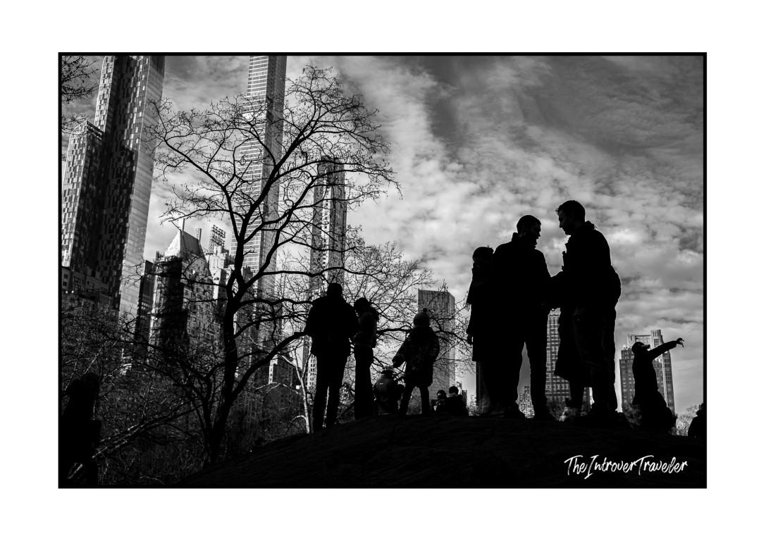 Silhouettes of visitors on a Central Park hilltop, Manhattan skyscrapers rising behind bare winter trees