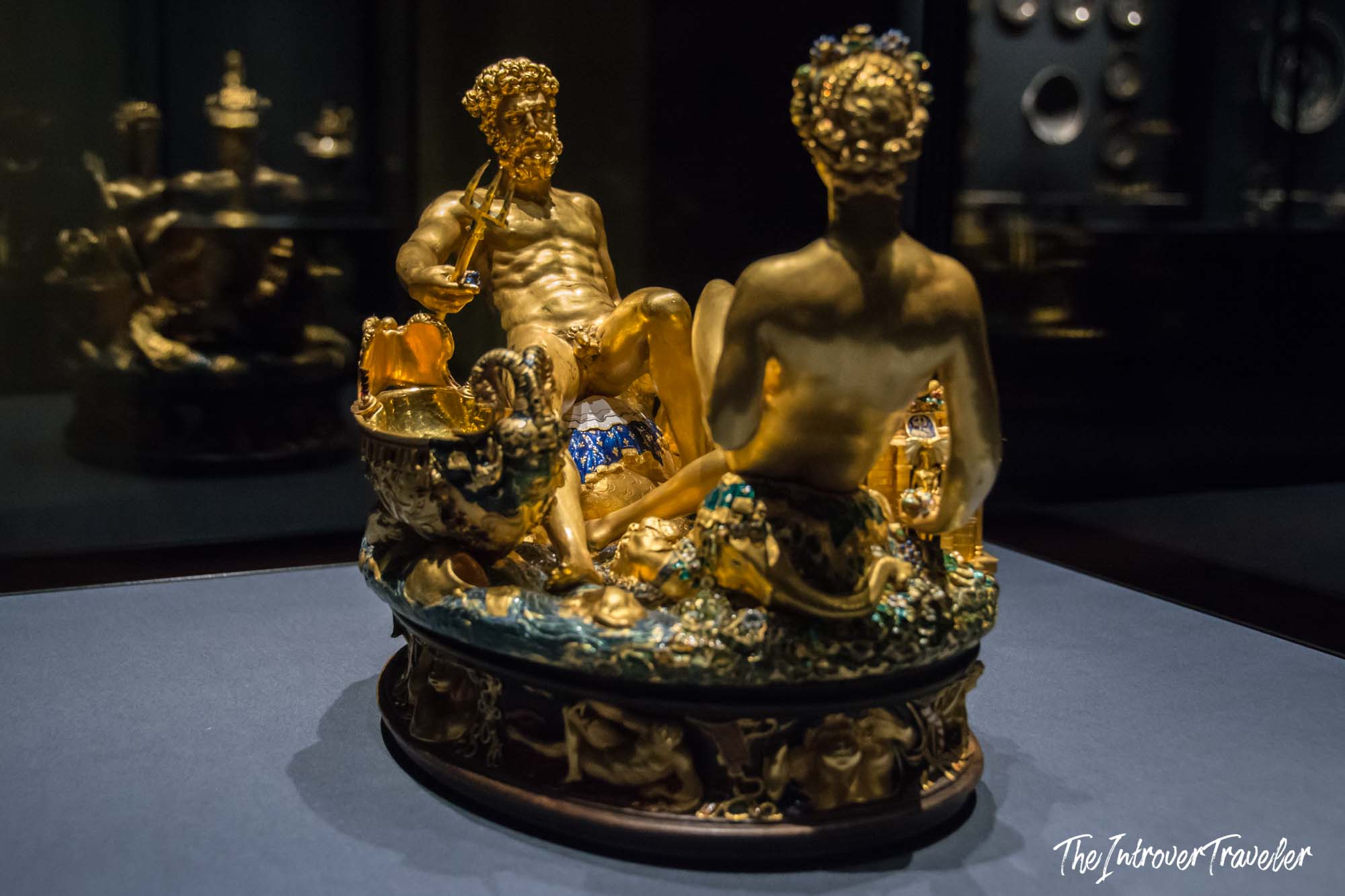 Cellini's Saliera gold salt cellar showing Neptune and Tellus with blue enamel details, Kunsthistorisches Museum Vienna