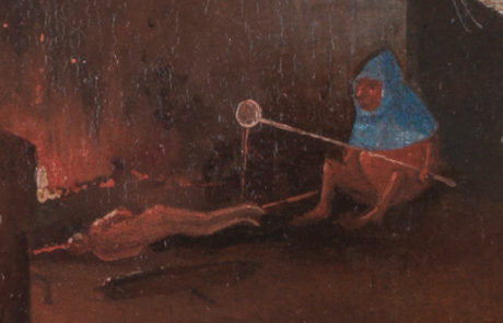 Detail from a Hieronymus Bosch hellscape showing a sinner roasted on a spit over flames
