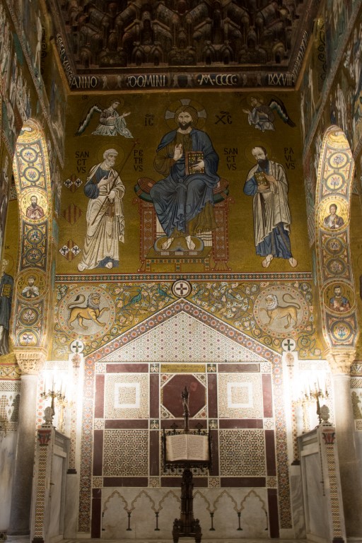 Gold Byzantine mosaic of Christ Pantocrator with Saints Peter and Paul in the Palatine Chapel, Palermo