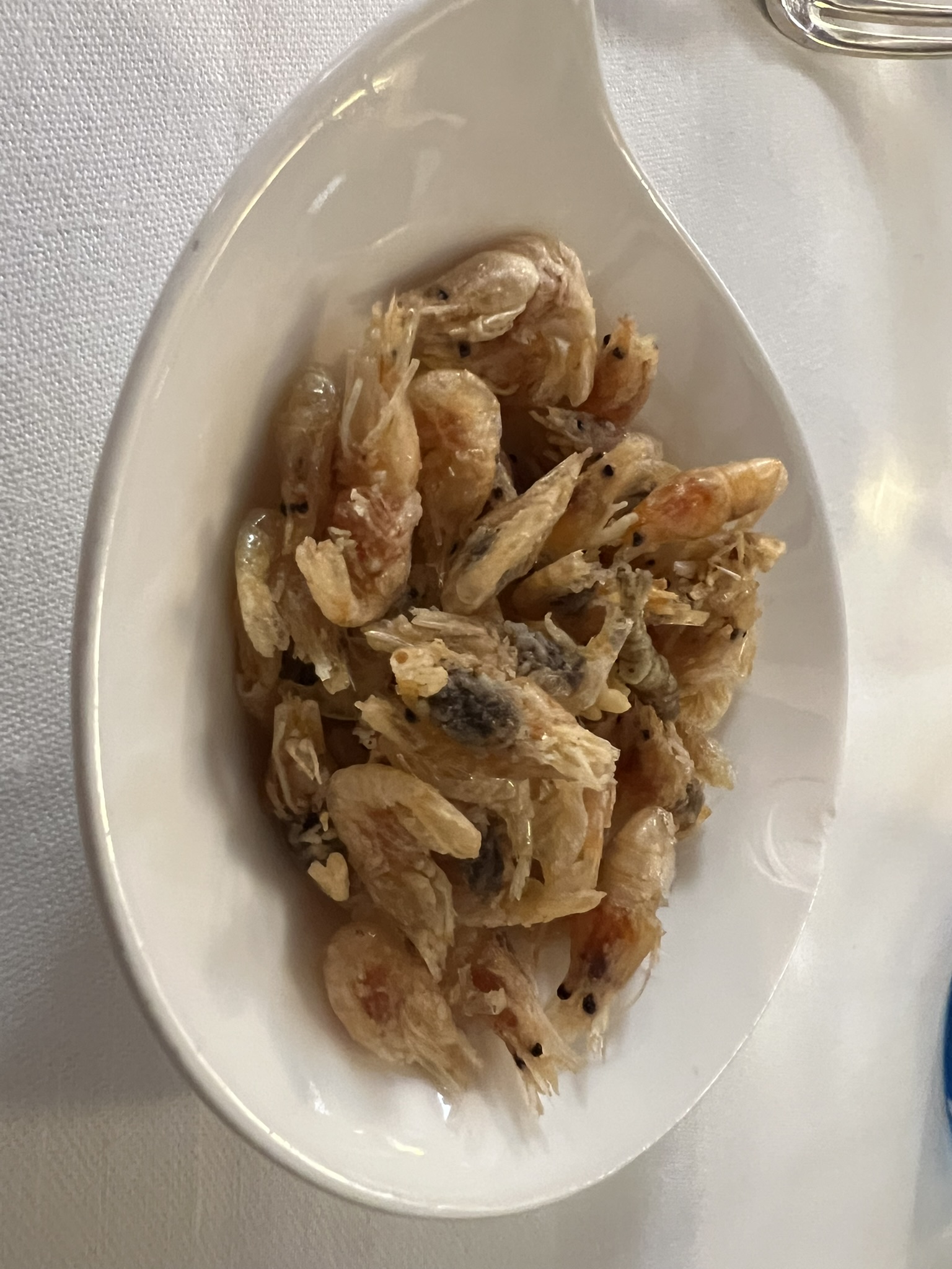 Fried schie (juvenile lagoon shrimps) served as welcome appetizer at Le Antiche Carampane, Venice