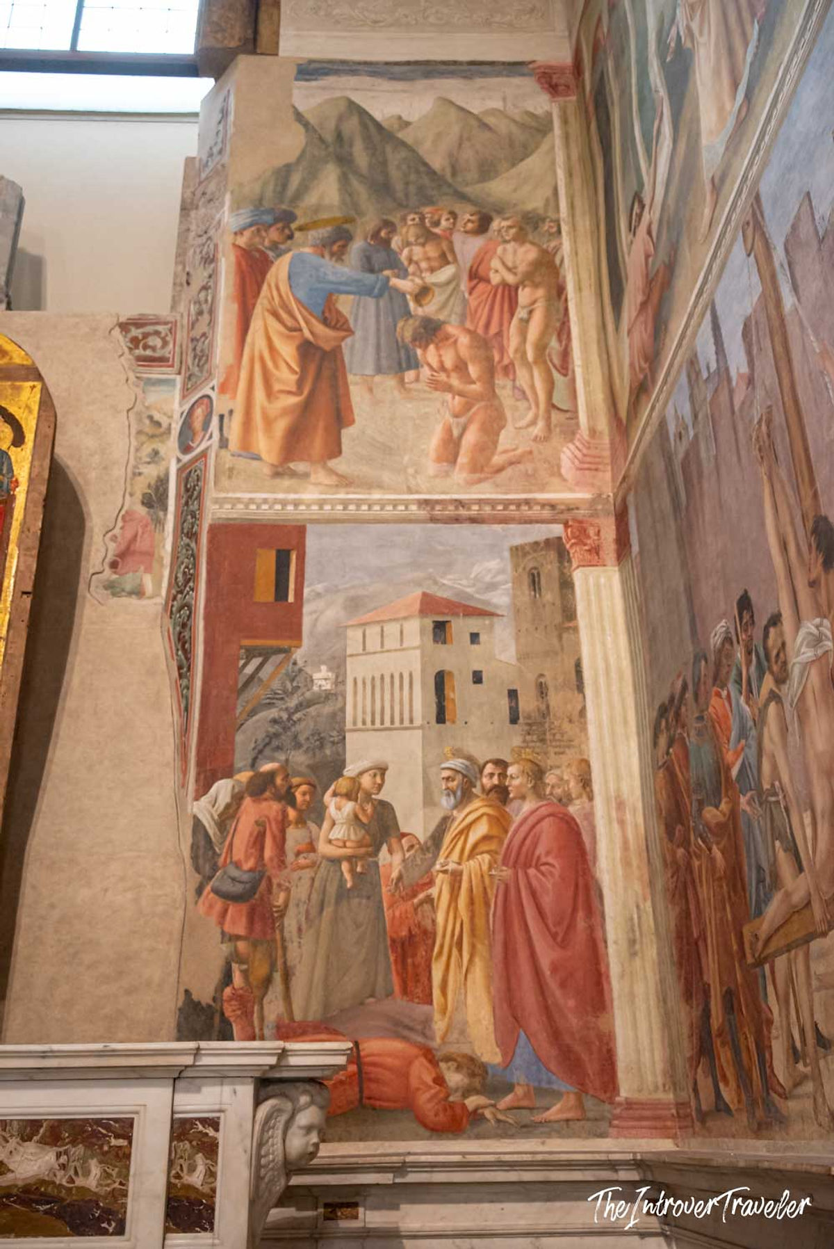 Masaccio frescoes in the Brancacci Chapel, Florence, showing the Baptism of the Neophytes and the Tribute Money