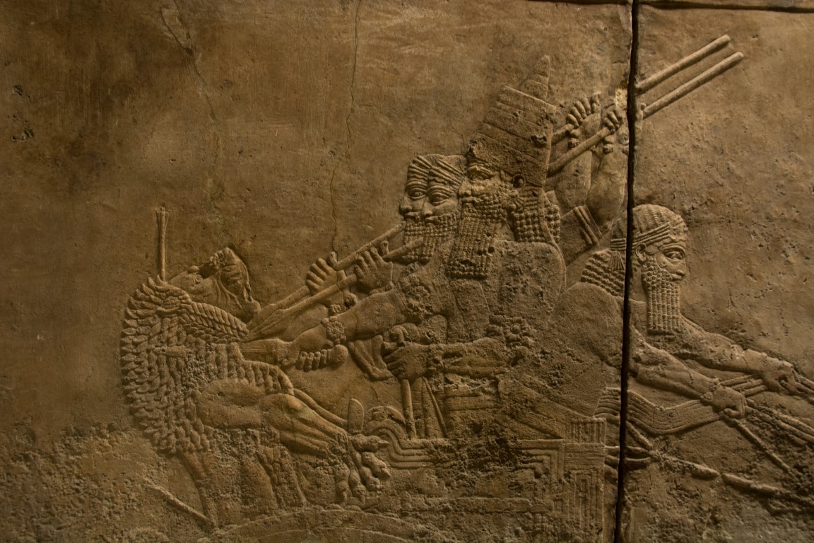 Assyrian lion hunt relief panels at the British Museum, London