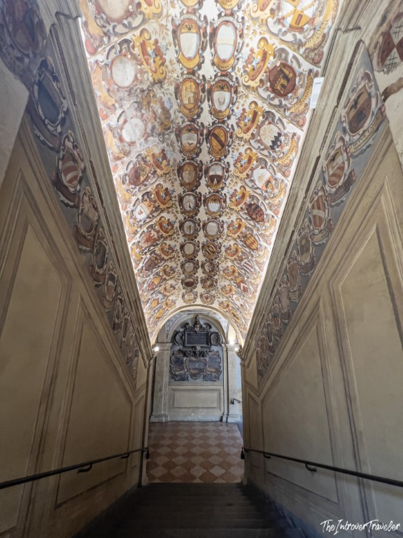 Heraldic coat of arms frescoed ceiling of the Archiginnasio Palace corridor, Bologna
