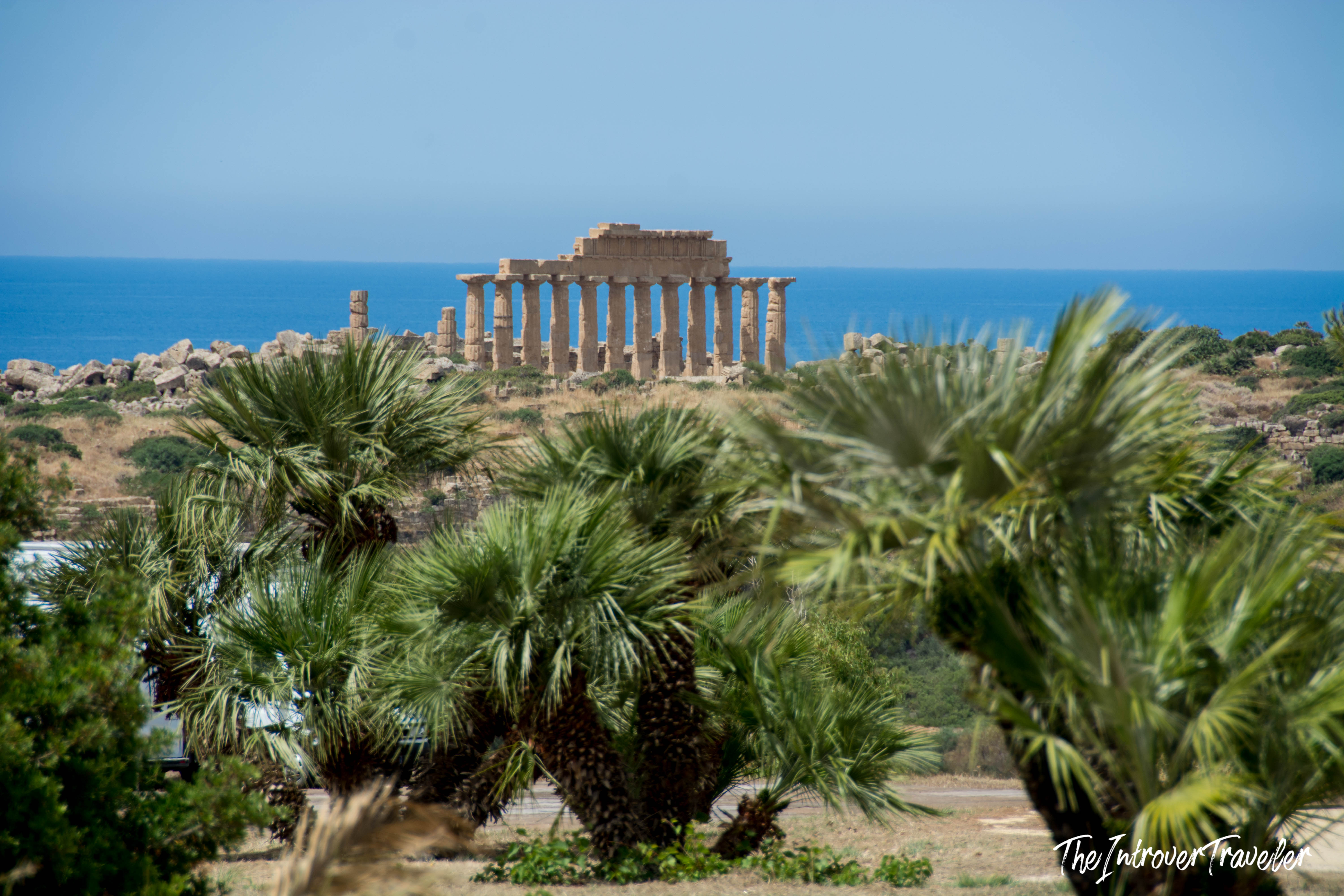 Temple of Hera at Selinunte, seen beyond palm trees with the Mediterranean Sea behind