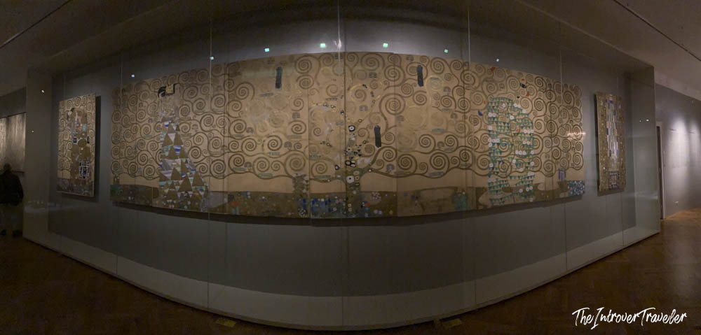 Klimt's Stoclet Frieze cartoons displayed along the curved gallery wall at the MAK Vienna
