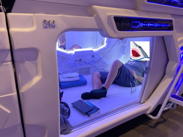Person resting in a futuristic airport capsule pod with blue LED lighting, unit 214