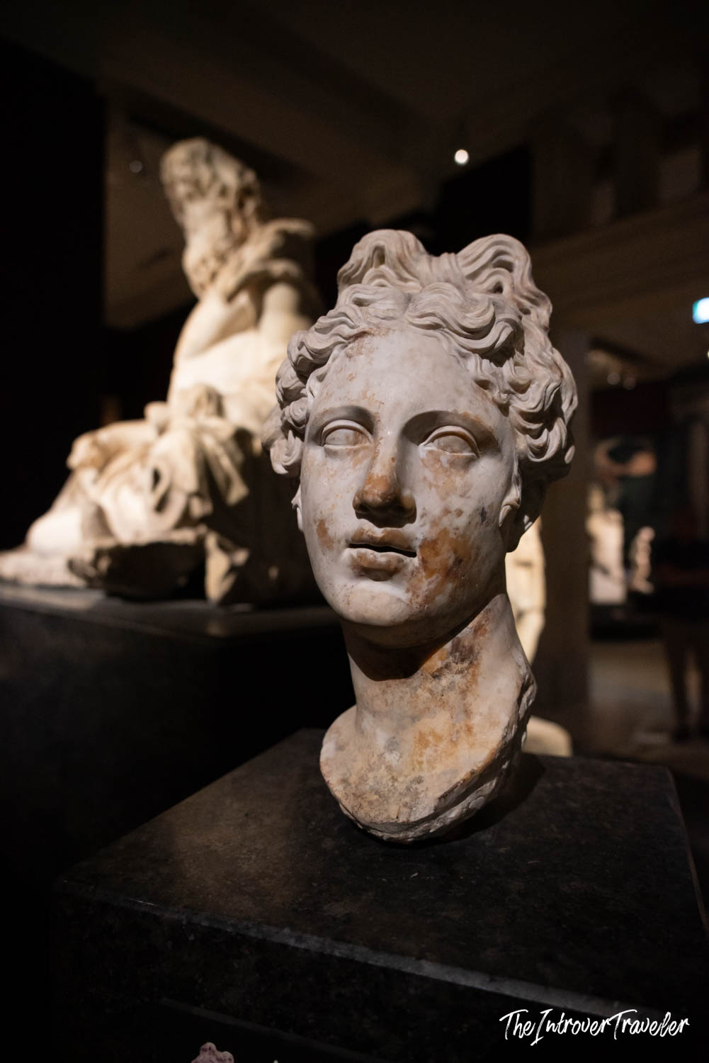 Ancient marble female head sculpture on display at the Istanbul Archaeological Museum