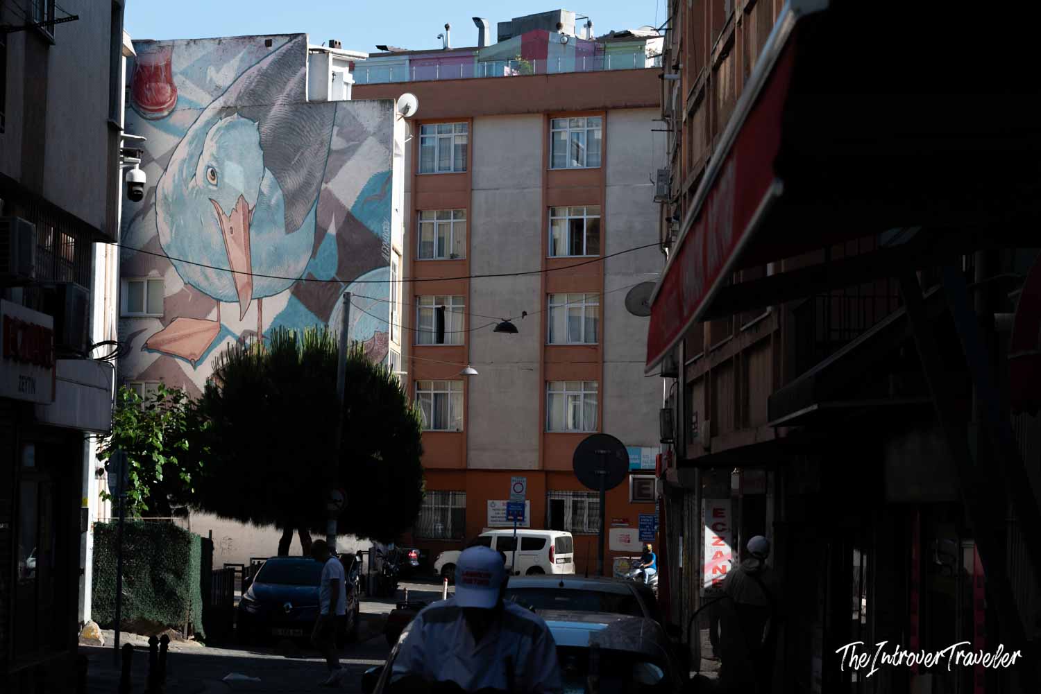 Large seagull street art mural on a building wall in Kadıköy, Istanbul, with a Turkish tea glass detail