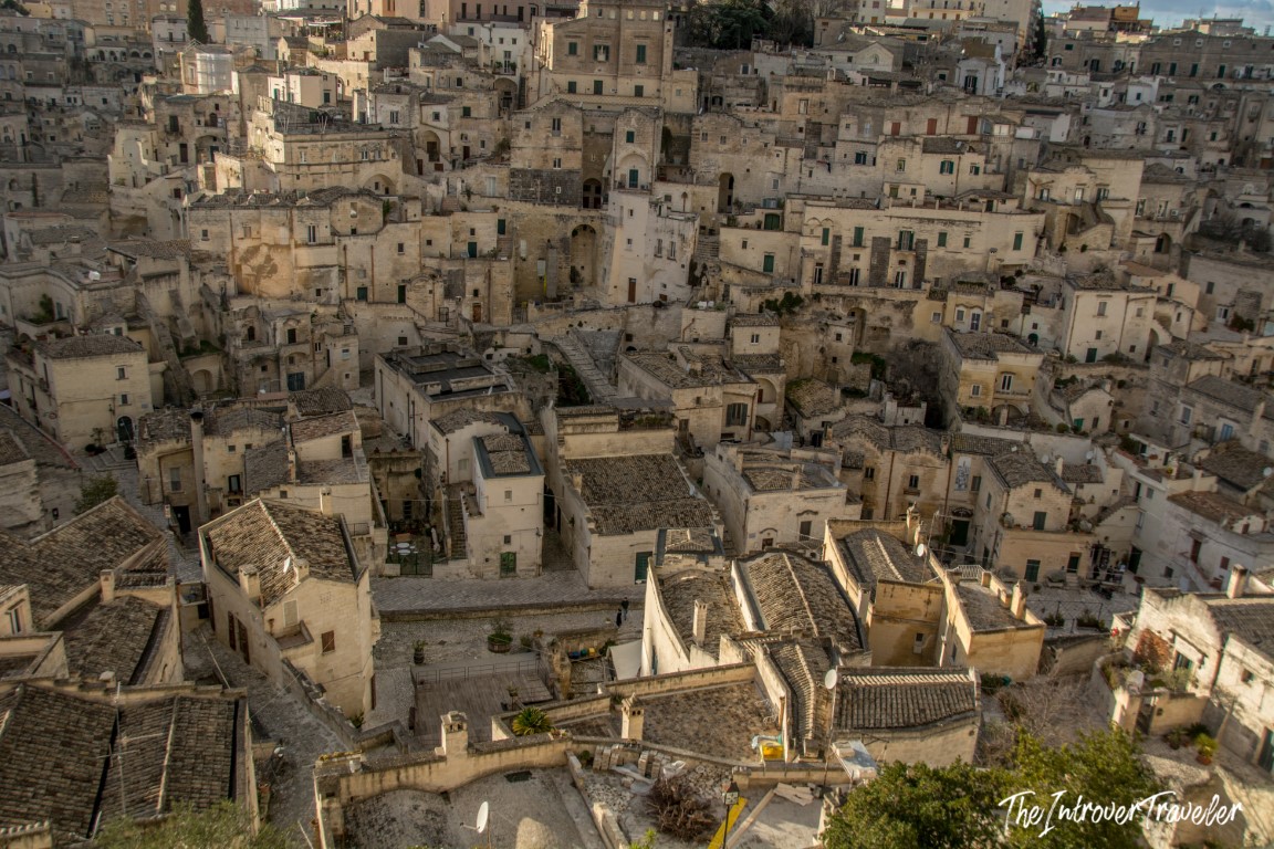Aerial view of the Sassi di Matera, ancient cave dwellings stacked across the hillside in Basilicata, Italy