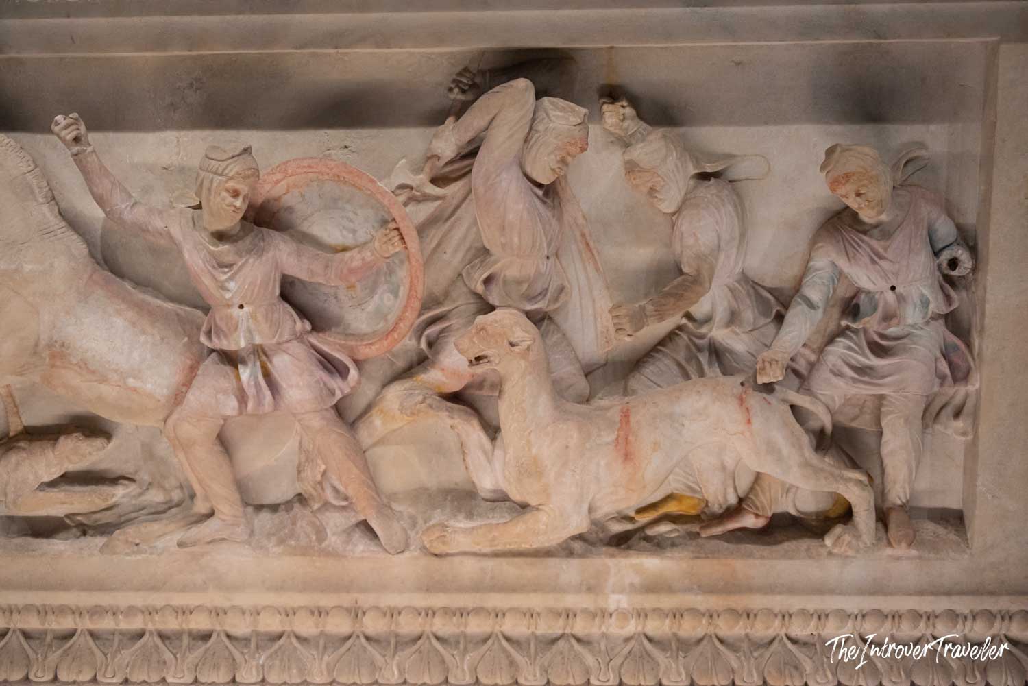 Ancient marble sarcophagus relief with hunting scene, Istanbul Archaeological Museum