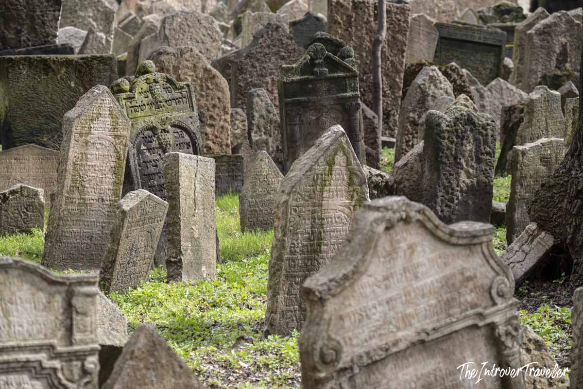 Densely packed ancient Hebrew gravestones at the Old Jewish Cemetery in Prague, Josefov quarter