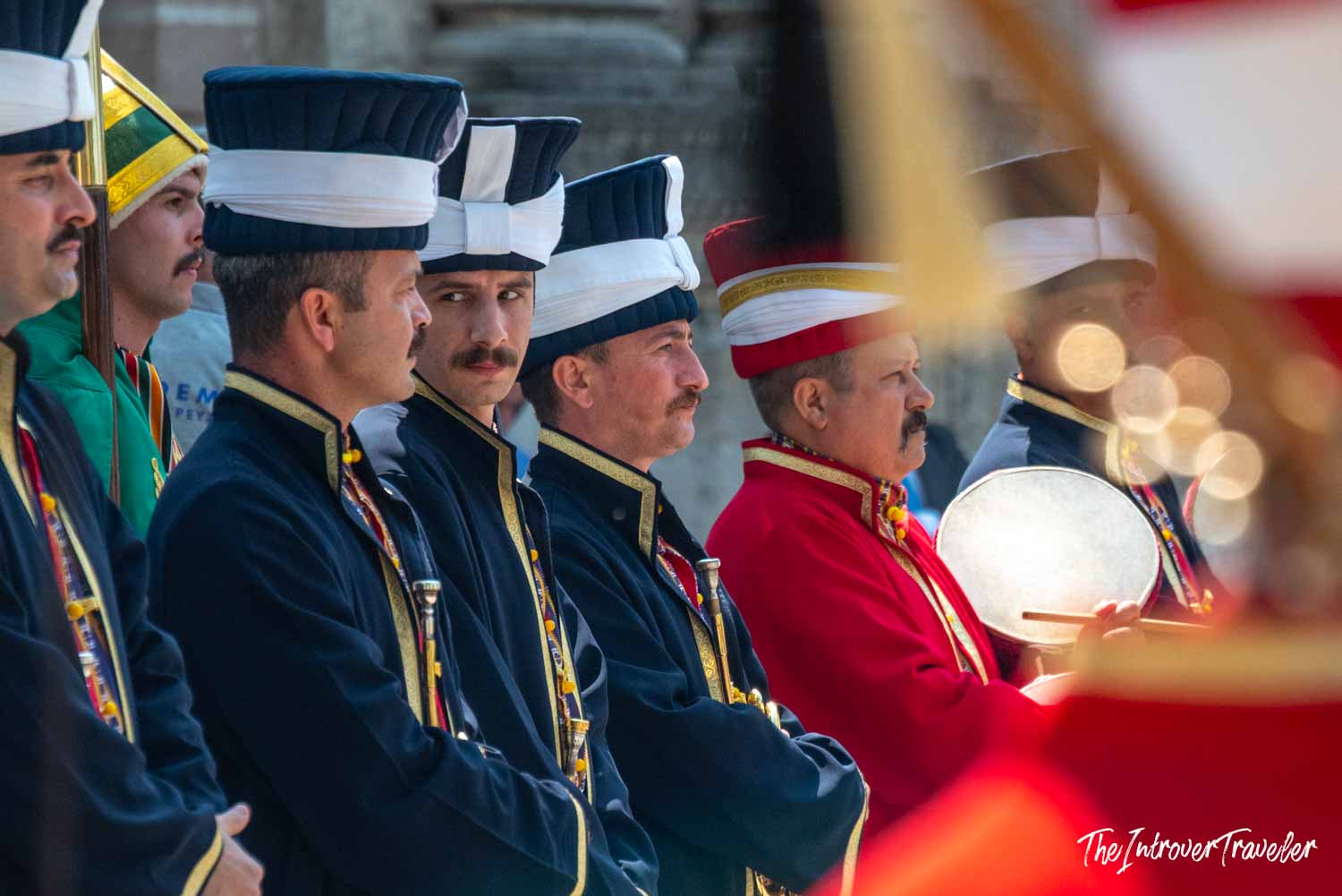 Ottoman Mehter band performers in traditional uniforms at Dolmabahce Palace, Istanbul