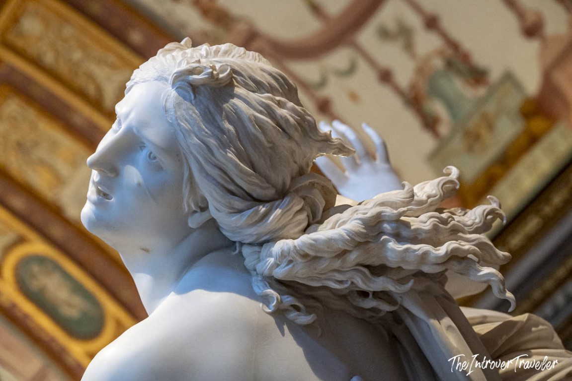 Close-up of Proserpina's anguished face in Bernini's Pluto and Proserpina, Borghese Gallery, Rome
