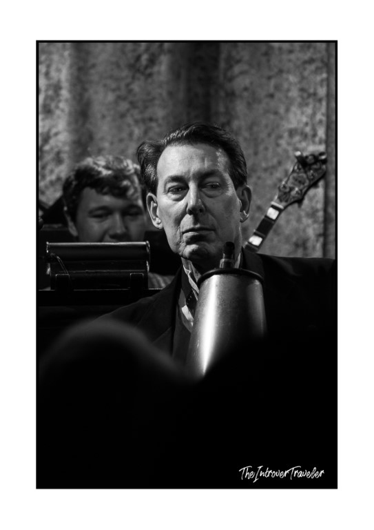 Black and white close-up of Vince Giordano performing at Birdland Jazz Club, New York