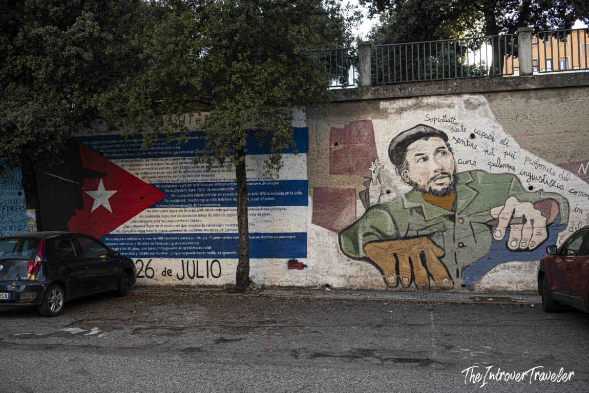 Orgosolo mural depicting Che Guevara with Cuban flag and "26 de Julio" revolutionary text, Sardinia