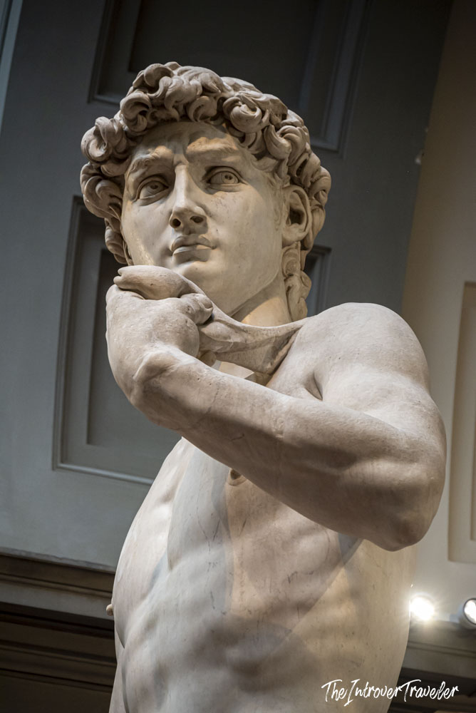 Close-up of Michelangelo's David at the Galleria dell'Accademia, Florence, showing intense gaze and raised arm.